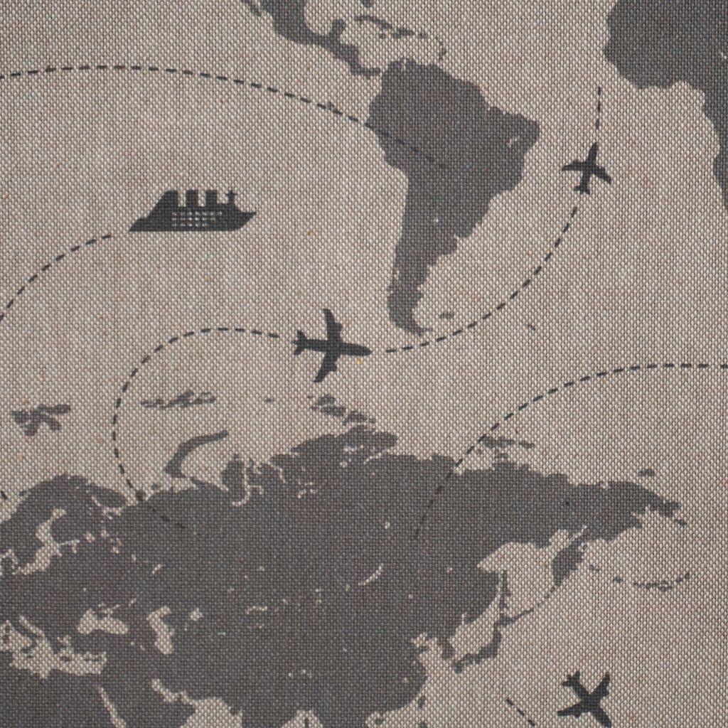 Preview: Dekostoff Leinenlook Landkarte Flugzeugrouten grau beige